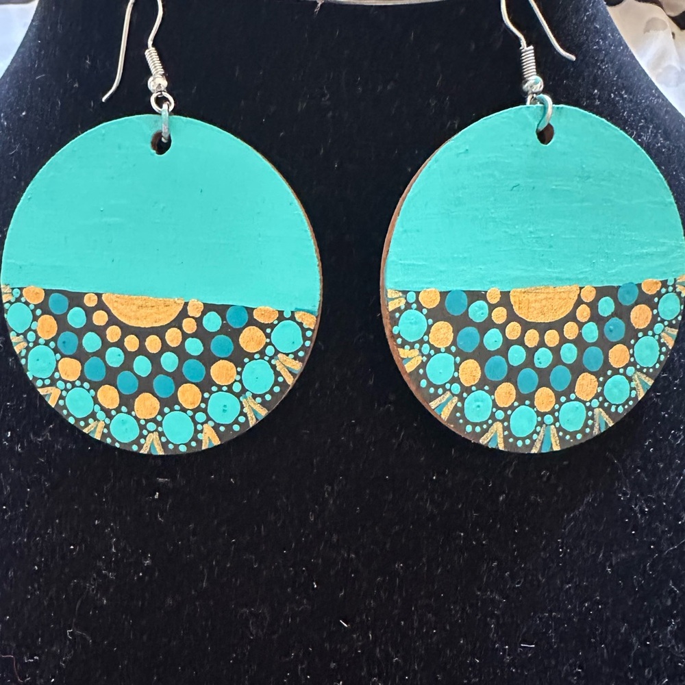 Teal and Gold Circular Earrings